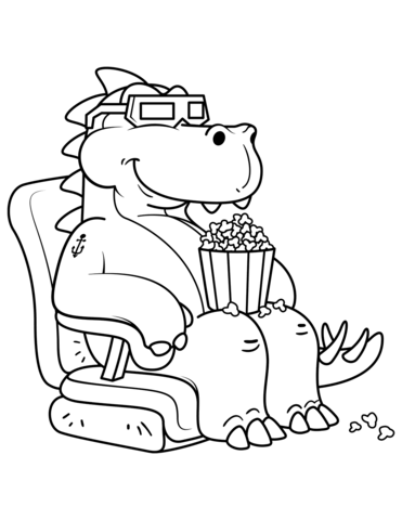 Tyrannosaurus Eating The Popcorn In The Cinema Coloring Page